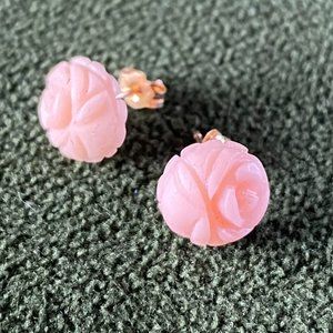 14K Yellow Gold Carved Coral Floral Rose Stud Earrings